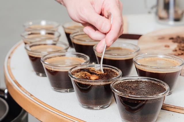 BKI coffee in glasses ready for the cupper to quality check 