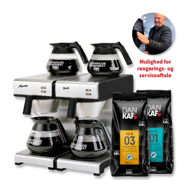 Billede af en kolbemaskine og to poser DanKaf-kaffe