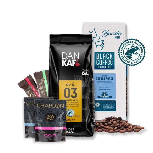 To poser kaffe samt to tebreve og to små chokolader